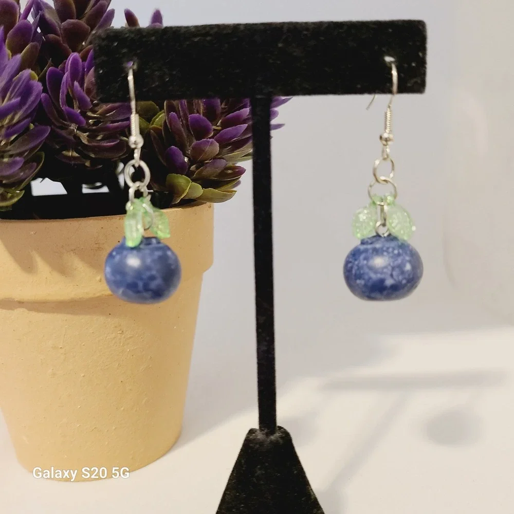 Handmade Blueberry and‎ Green Leaves Dangle Drop Earrings NEW Women's 1.5 inches